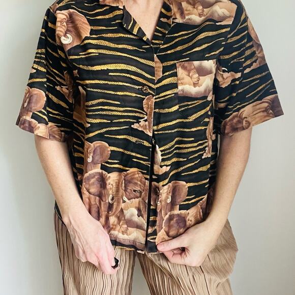 Vintage 80s Safari Style Blouse Cotton Size Medium/Large Elephants Animal Print - Picture 7 of 7